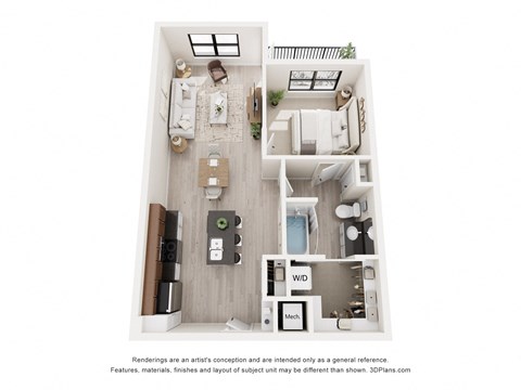 Floor plan for 1 bed, 1 bath, 763 sqft